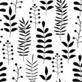 Floral seamless pattern with branches and leaves. Black silhouettes of doodle flowers. Royalty Free Stock Photo