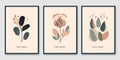 Abstract floral posters in vector flat design. Botanical wall art background with plants, flowers and leaves. Modern minimalist