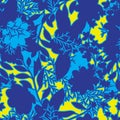 Abstract floral seamless pattern of blue plants silhouettes on yellow background.