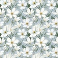 abstract floral seamless pattern of delicate white flowers and leaves on a light gray background Royalty Free Stock Photo