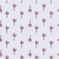 Abstract floral seamless pattern with little purple doodle crocus flower elements. Blue light background