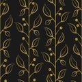 Abstract floral seamless pattern with vertical golden branches, leaves and berries on black background. Royalty Free Stock Photo