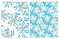 Abstract Floral Seamless Vector Patterns with Cream and Blue Flowers.