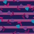 Abstract floral style seamless pattern with random tulip flowers ornament. Navy blue and lilac striped background Royalty Free Stock Photo