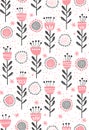 Abstract Floral Vector Pattern. Cute Pink and Grey Flowers and Twigs. Infantile Design on a White Background.