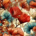 Abstract floral wallpaper pattern with red leaves and blue flower, in the style of stained glass Royalty Free Stock Photo