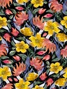 Abstract floral watercolor seamless pattern with stylized flowers on a black background. Royalty Free Stock Photo