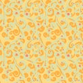 Abstract flourish seamless pattern. Gorgeous repeating background with orange and grayish green curls and red dots. Vector