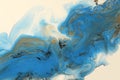 Abstract flow acrylic and watercolor pour flow marble blot painting. Color bronze and blue wave copy space horizontal texture Royalty Free Stock Photo