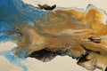 Abstract flow acrylic and watercolor pour flow marble blot painting. Color gold and blue wave copy space smoke horizontal texture Royalty Free Stock Photo