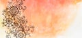 Abstract flower doodle border with fancy ornate curls and leaves on orange pink watercolor paper