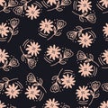 Abstract flower seamless pattern in line art style on black background. Doodle floral wallpaper Royalty Free Stock Photo