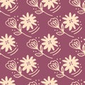 Abstract flower seamless pattern in line art style on pink background. Doodle floral wallpaper Royalty Free Stock Photo