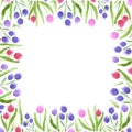 Abstract flowers boarder frame. Hand drawn watercolor tulip, poppy, rose, hyacinth, daisy isolated on white background. Can be