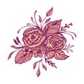Abstract flowers bouquet with embroidery handmade effect in burgundy pink on white