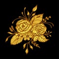 Abstract flowers bouquet with embroidery handmade effect in gold on black
