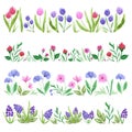 Abstract flowers composition. Hand drawn watercolor tulip, poppy, rose, hyacinth, daisy isolated on white background. Can be used
