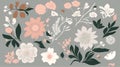 Abstract Flowers and Leaves on Grey Background. Floral Summer Texture VintageArt