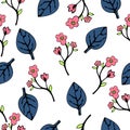 Abstract flowers and leaves seamless pattern, vector background. Blue pink on a white . Hand drawing for design of wallpaper, f Royalty Free Stock Photo