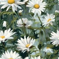 Abstract flowers painting, seamless floral repeating pattern, white daisies field. Generative AI Royalty Free Stock Photo