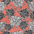 Abstract flowers seamless pattern. Doodle, sketch. Black and white flowers on scarlet background. For fabric design, textile Royalty Free Stock Photo