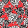 Abstract flowers seamless pattern. Doodle, sketch. Black and white flowers on scarlet background. For fabric design, textile Royalty Free Stock Photo