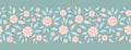 Abstract flowers seamless pattern with leaves shape stamps. Horizontal border. Pink doodle floral repeat background Royalty Free Stock Photo