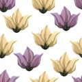 Abstract flowers seamless pattern, vector floral background, colorful drawing. Drawn yellow and purple buds and petals on white ba Royalty Free Stock Photo