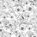 Abstract flowers seamless pattern, vector floral black and white contour background, cartoon hand-drawn, elegant Royalty Free Stock Photo