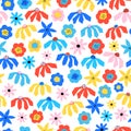 Abstract flowers seamless vector pattern blue red yellow pink white. Floral repeating background Scandinavian style for wallpaper Royalty Free Stock Photo