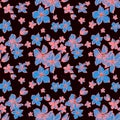 Abstract flowers vector seamless pattern with drawing pink an blue. Floral watercolor background and line art hand drawn Royalty Free Stock Photo