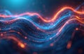 Abstract flowing energy waves with glowing particles. Blue and orange light streams create dynamic patterns representing data or Royalty Free Stock Photo