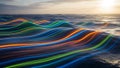 Abstract flowing neon light streams across ocean waves at sunset, vibrant energy concept Royalty Free Stock Photo