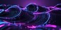 Abstract flowing neon light trails and particles on dark undulating surface background Royalty Free Stock Photo
