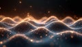 Abstract flowing particles form wavy patterns with glowing lights. Small bright sparks float across dark background. Digital art Royalty Free Stock Photo