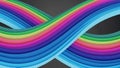 Intertwined flowing ribbons of vibrant rainbow colors creating an abstract infinity loop pattern against a dark gray background Royalty Free Stock Photo
