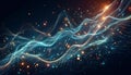 Abstract flowing waves of glowing blue and orange particles on dark background for futuristic, digital or tech design and data Royalty Free Stock Photo