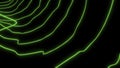 Abstract fluctuating neon green bending stripes on a black background. Design. Rippling blue neon arcuate shaped lines.