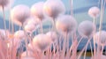 Abstract fluffy dandelions in the pastel dawn light. Fluffy cottontail plant in pink colors.