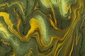 Abstract fluid art background dark green and golden colors. Liquid marble. Acrylic painting with olivei gradient Royalty Free Stock Photo
