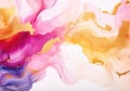 Abstract fluid art painting background in alcohol ink technique, mixture of pink, purple and yellow paints. Transparent overlayers Royalty Free Stock Photo