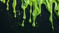 An abstract fluid art piece featuring neon green swirls on a black background.