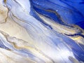 Abstract fluid blue background with gold. Liquid abstraction. Alcohol ink art resembles sea, watercolor or aquarelle.