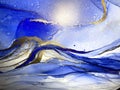 Abstract fluid blue background with gold. Liquid abstraction. Alcohol ink art resembles sea, watercolor or aquarelle.