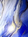 Abstract fluid blue background with gold. Liquid abstraction. Alcohol ink art resembles sea, watercolor or aquarelle.