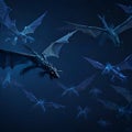 Abstract flying dragons on a dark blue background