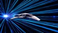 Abstract flying spaceship in cosmic space. Animation. Game graphics flying starship in hyperspace when jumping in space Royalty Free Stock Photo