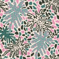 Abstract foliage seamless pattern: tropical leaves, doodle brush strokes