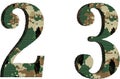 abstract font alphabet with military camouflage texture pair of numbers two and three