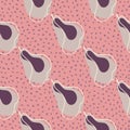 Abstract food seamless pattern with grey contoured pear fruit silhouettes. Pink dotted background. Simple style Royalty Free Stock Photo